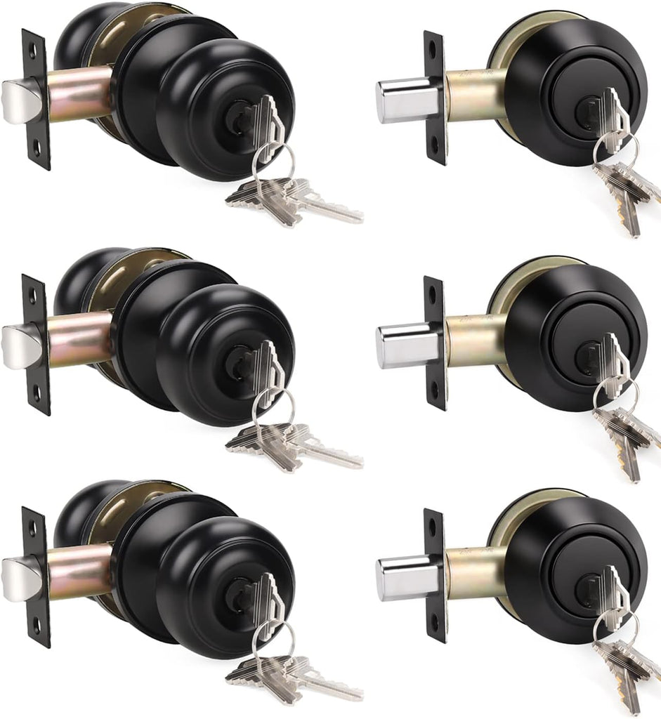 3 Pack Keyed Alike Entry Door Knobs and Single Cylinder Deadbolt Lock Combo Set Security and Front Door