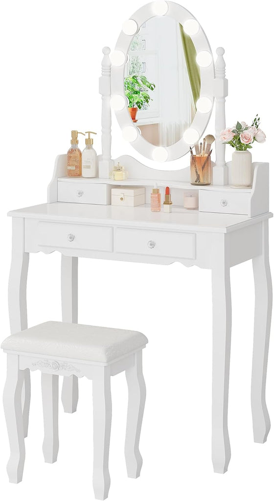 Girls Makeup Vanity Set with 360° Rotating Lighted Mirror | Dressing Table Desk with Dimmable LED Hollywood Lights, 4