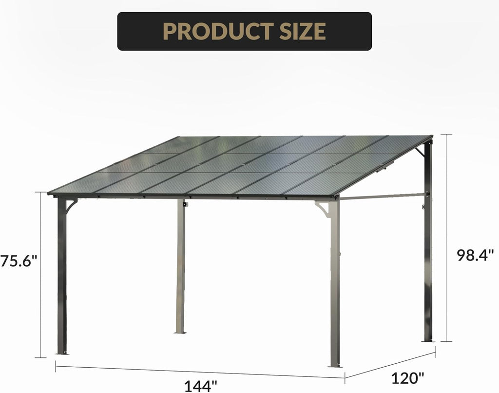 10x12ft Lean to Metal Pergola Gazebo with Hardtop Polycarbonate Roof, Wall Mounted Outdoor Pergolas for Patios