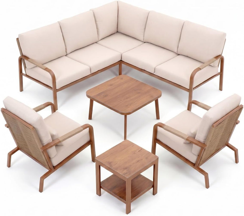5-Piece Aluminum Patio Furniture Set with L-Shaped Outdoor Sectional Sofa, Coffee Table & Side Table, Modern Outdoor