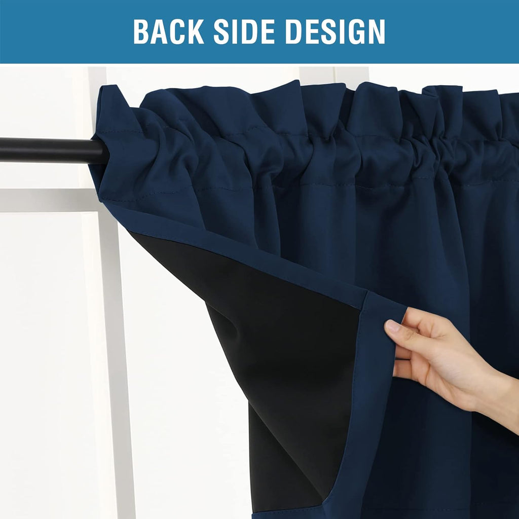 100% Blackout Valances for Windows,Kitchen Valance Set of 2, Small Short Modern Rod Pocket Valances Curtains for Living Room Bathroom Cafe Laundry Basement, 52" x 18", Navy