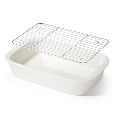 9x13 Ceramic Casserole Dish with 304 Stainless Rack, 4.6 Qt, White