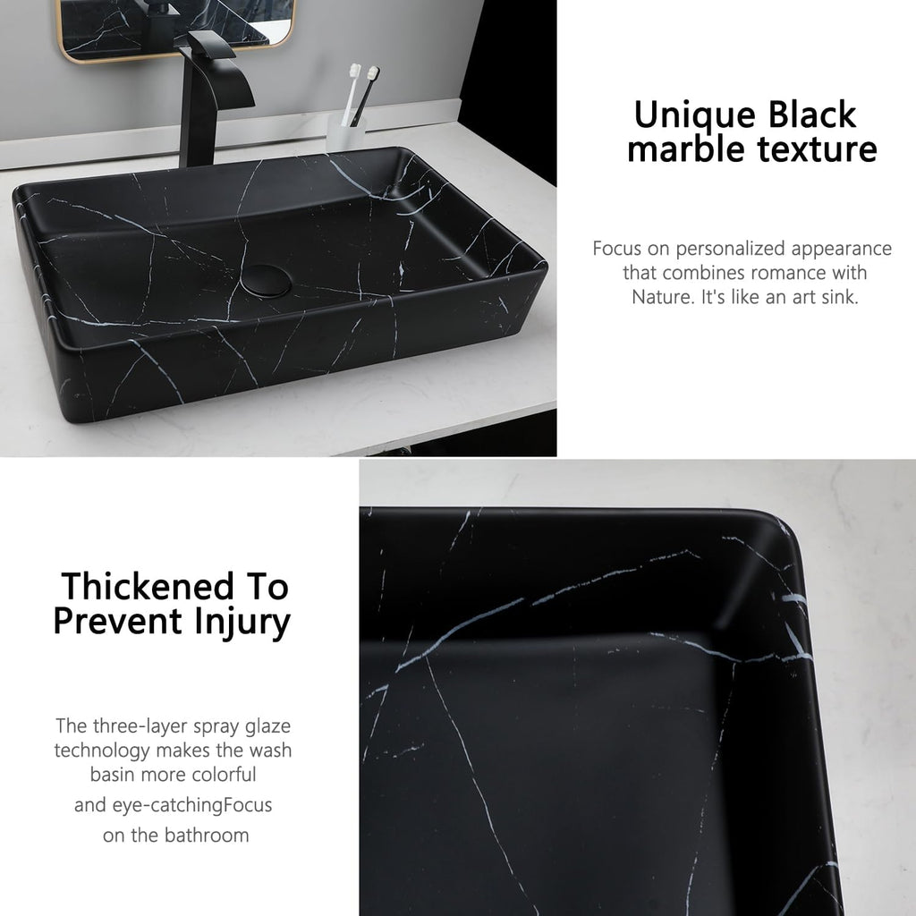 Ceramic 24x14 Inch Bathroom Sink,Vessel Sink with Faucet and Drain Combo Black Vessel Sink Rectangle Marble Bathroom