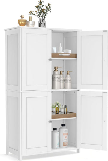 Floor Storage Cabinet, Shaker Cabinet with 2 Adjustable Shelves, 4 Doors, Tall Freestanding Organizer Unit, Bathroom