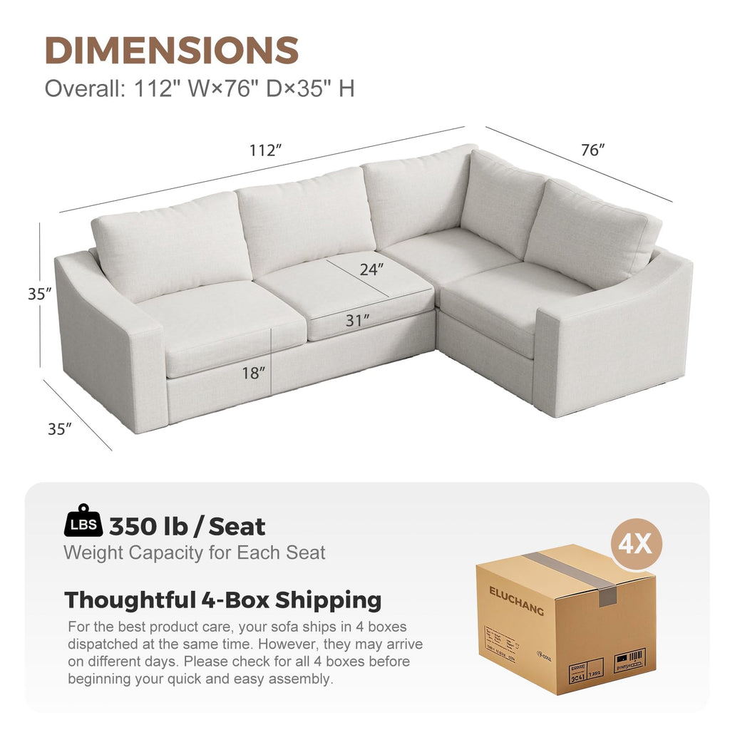 112" Oversized V-Shaped Modular Sectional Couch with Chaise Corner Sectional Sofa, 5-Seater Deep Seat Cloud Couch