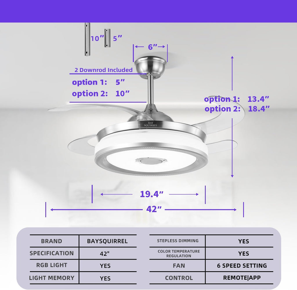 Retractable Bluetooth Ceiling Fan with Light and Speaker, Flush Mount Ceiling Fans