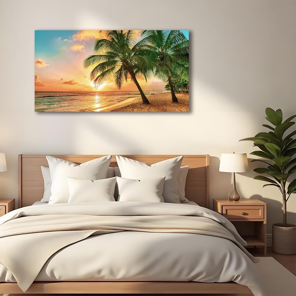 Beach Wall Art Ocean Canvas Wall Decor Tropical Palm Tree Picture for Wall Coastal Painting Gold Sunset Art Print