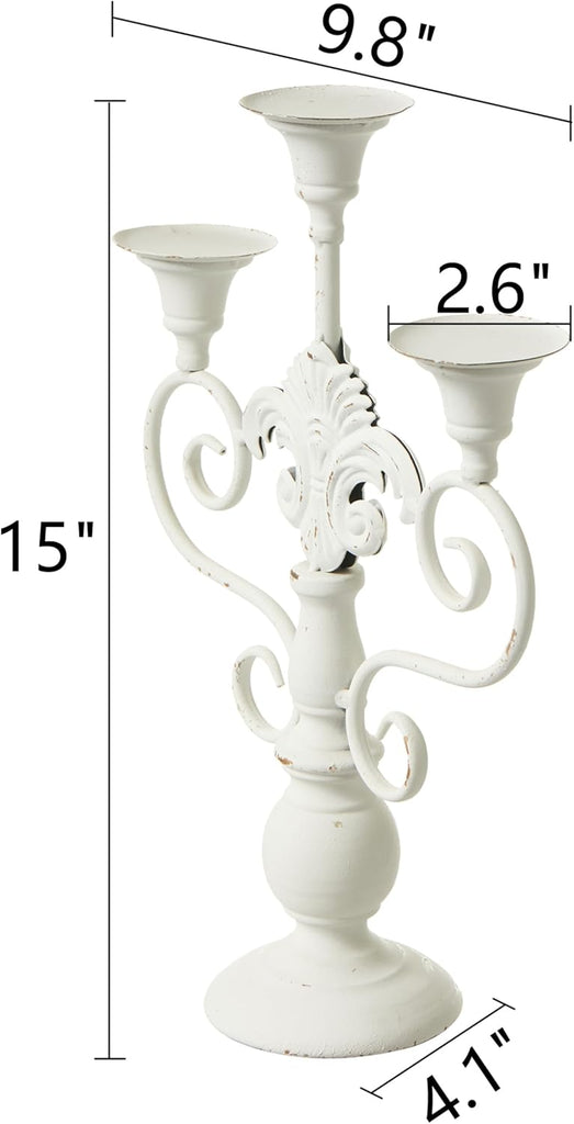Pillar Candle Stand 3 Arm Candelabra Iron White Candle Holders Centerpiece, Rustic Classy Candlestick Holder 15 Inch