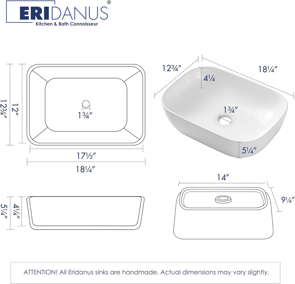 Bathroom Vessel Sink, Eridanus 18" x 13" White Vessel Sink Rectangular Bathroom Sink Porcelain Ceramic Vessel Sinks