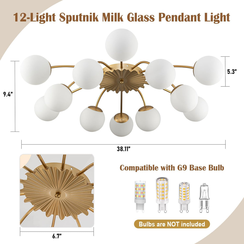 12-Light Milk Glass Pendant Light, 40" Sputnik Bubble Glass Chandelier Light Fixture, Hand Blown Semi Flush Mount