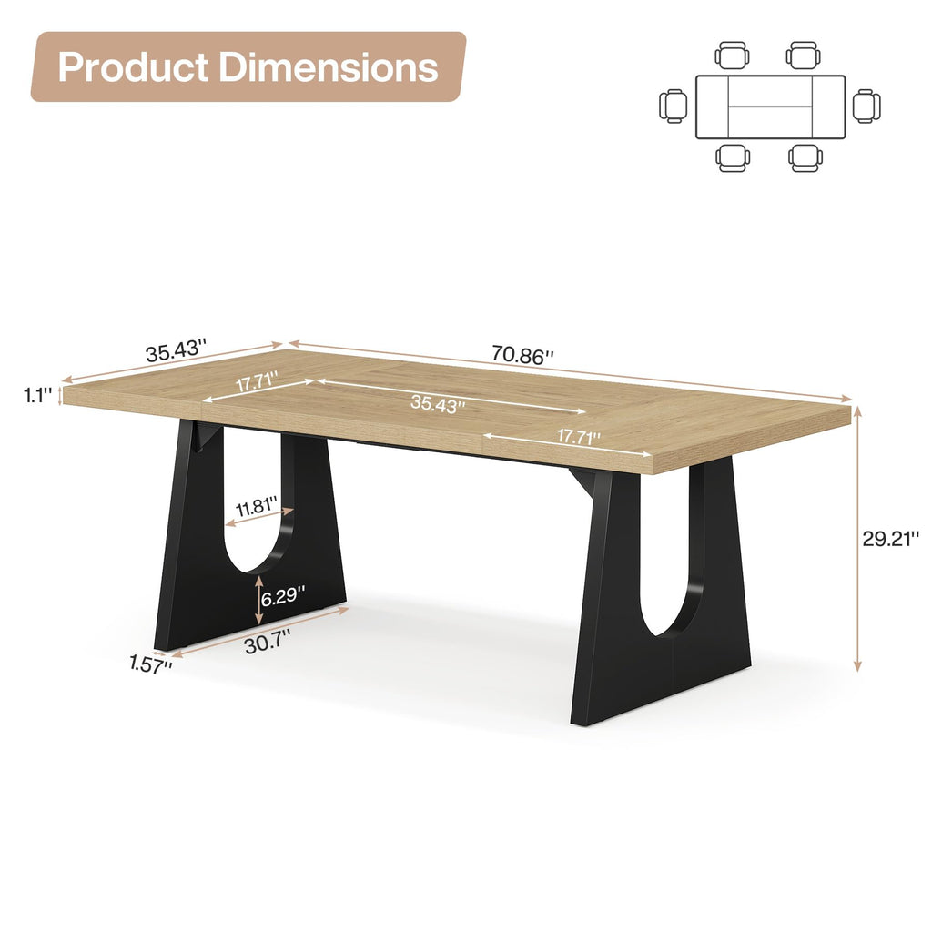 Large Dining Table for 6-8 People, 70.9-Inch Wood Rustic Rectangular Table with Black Wooden Legs, Farmhouse Center