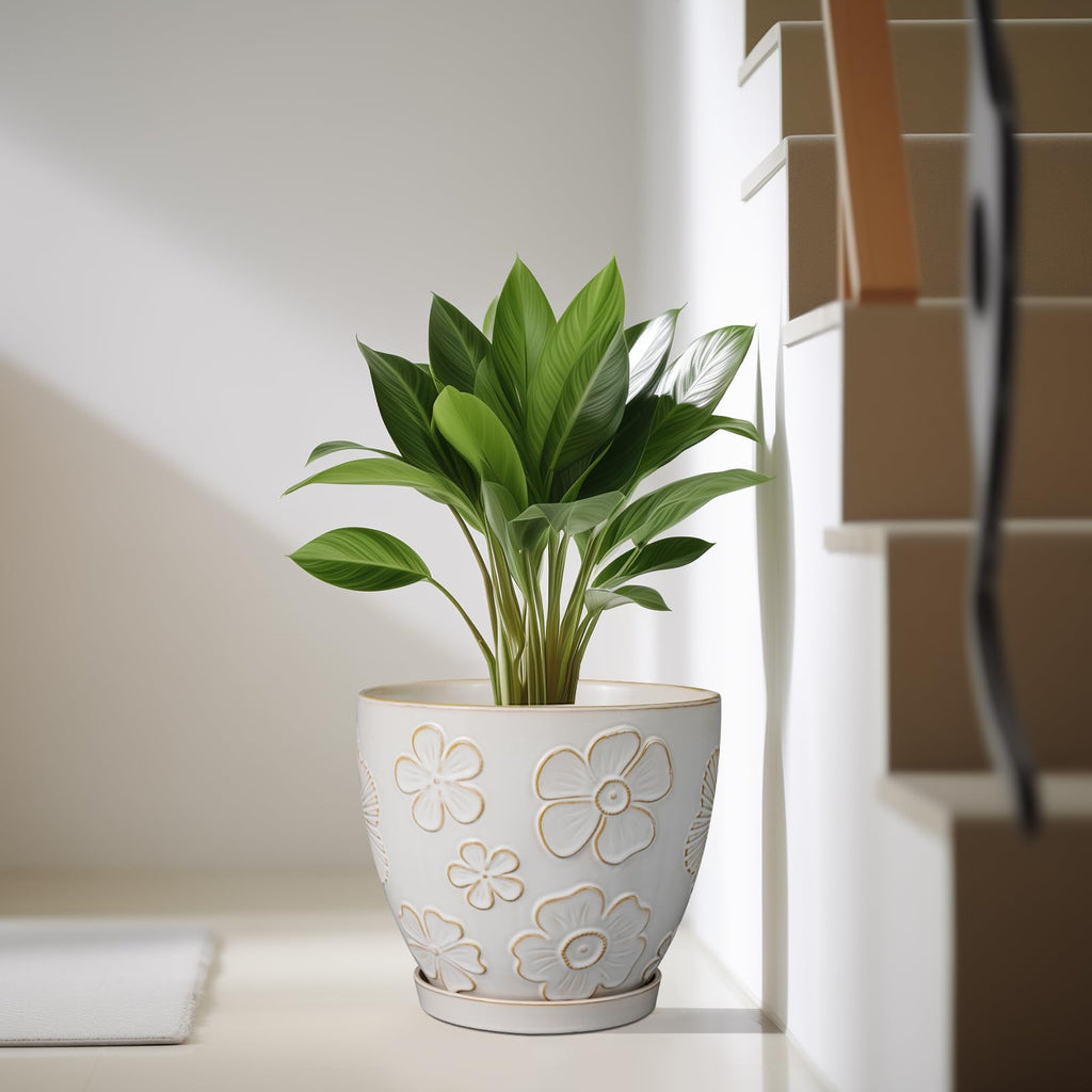 10 Inch Ceramic Planter Pot, Large Petal White
