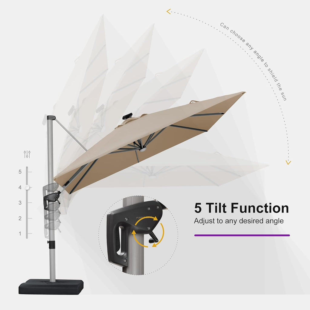 9' X 12' Patio Umbrella with Lights Outdoor Rectangle Cantilever Umbrella Solar Powered LED with 360-degree Rotation