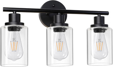 Modern Bathroom Light Fixtures, 3 Light Vanity Lights, Black Wall Lamp with Clear Glass , Mirror, Living Room