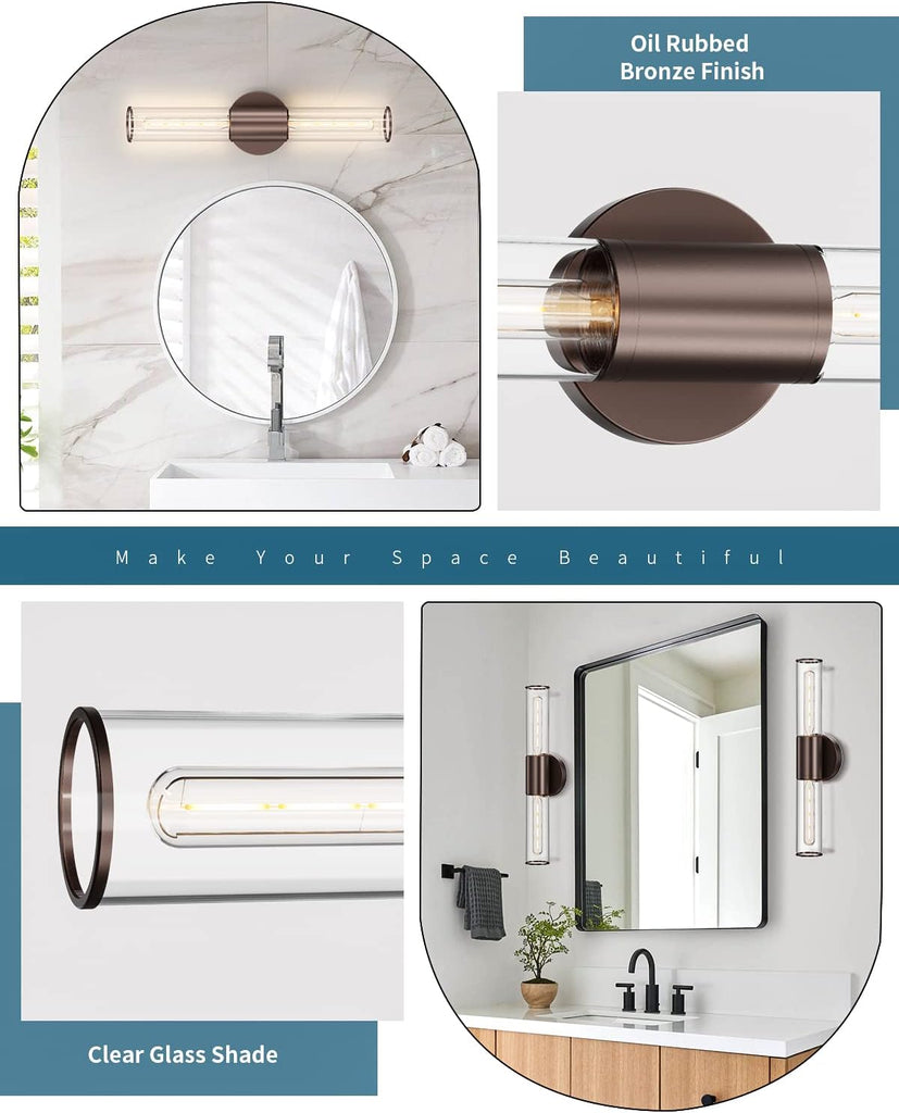 Bathroom Vanity Light Fixture, 2-Light Oil Rubbed Bronze Wall Sconce Lighting Fixture with Clear Glass, Indoor E26