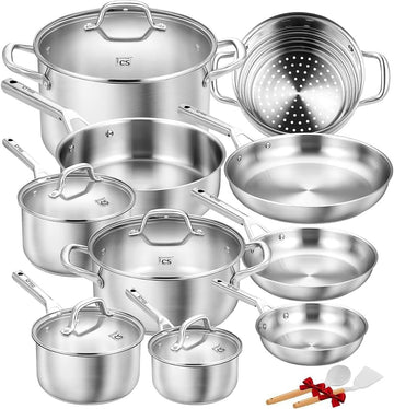 Stainless Steel Cookware Set 17 Piece with 5 Layer Base, Professional 18/10 Stainless Steel Pots and Pans Set, Oven