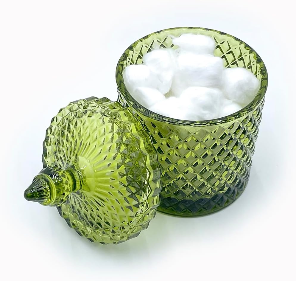 20 oz Olive Green Glass Candy Dish with Lid-Display Decorative Jar for Makeup Brush Holder,Q-Tip Storage,Cotton