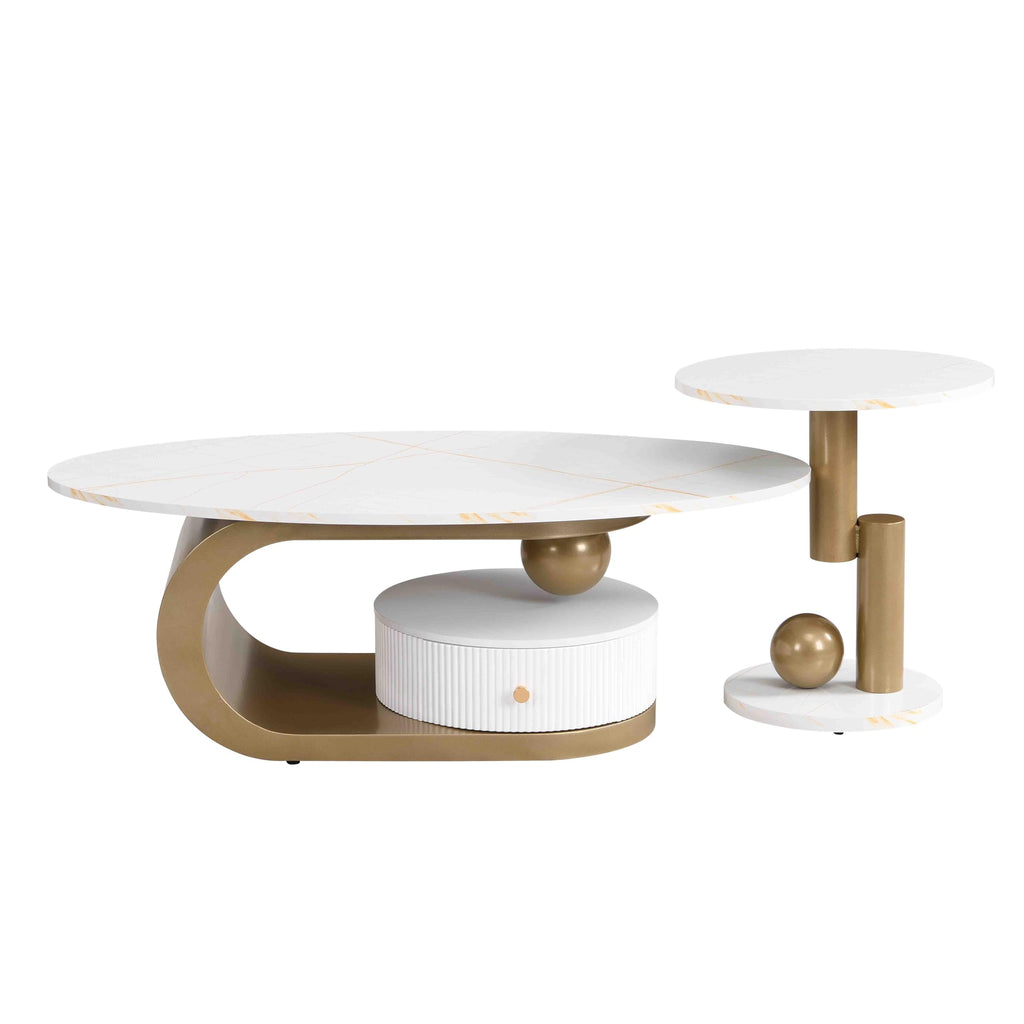 2 Piece Nesting Coffee Set, Oval Coffee with Storage Drawer, Small Round End Side, White Faux Marble Tabletop with