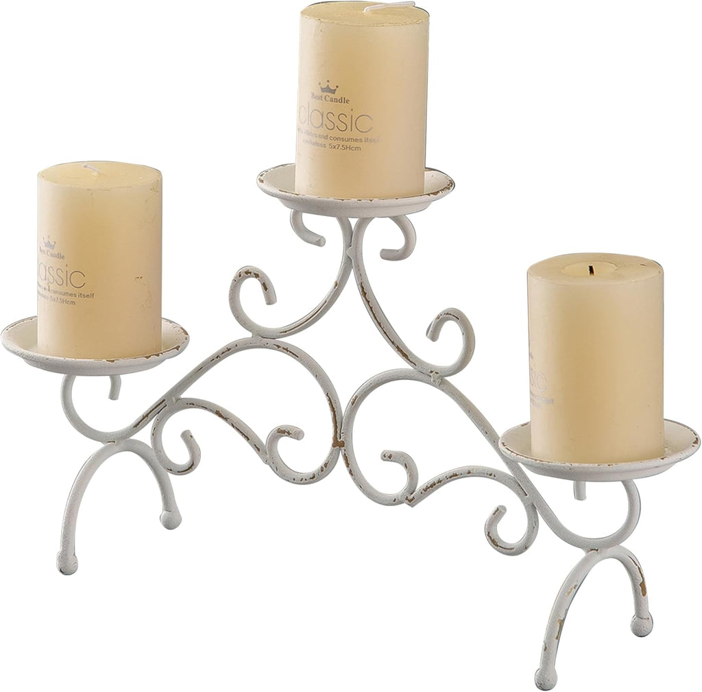 Rustic Fireplace Candelabra Candle Holder, 3 Arm Metal Pillar Candle Holders, Shabby Chic White Candle Holder for