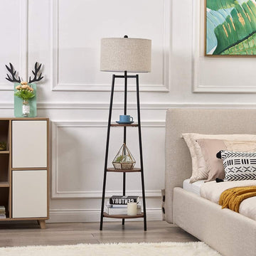 Floor Lamp, Standing Reading Light with Shelves and Fabric Shade, Modern Tall Pole Lamp
