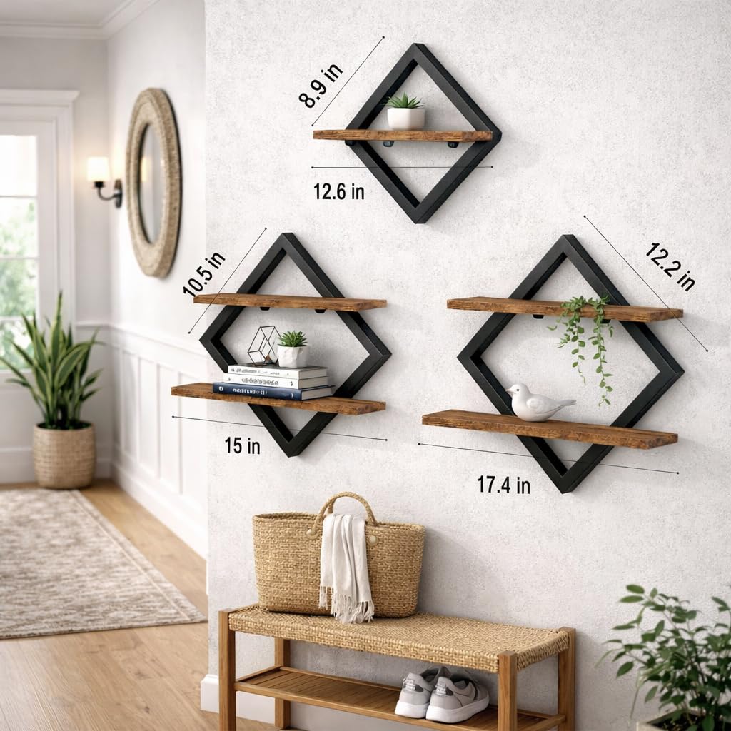 Floating Shelves Shelves on Wall Set of 3, 2-Tier Hanging Wall Mounted Shelves Decorative Wooden Wall, Hanging Wall