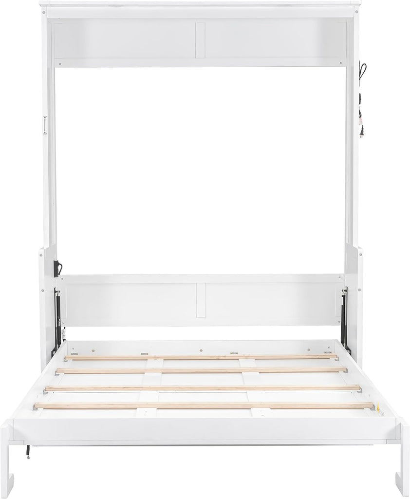 Queen Murphy Bed with Desk, Foldable Wall Bed Cabinet with LED Lights and USB Ports, Space-Saving Murphy Bed Frame