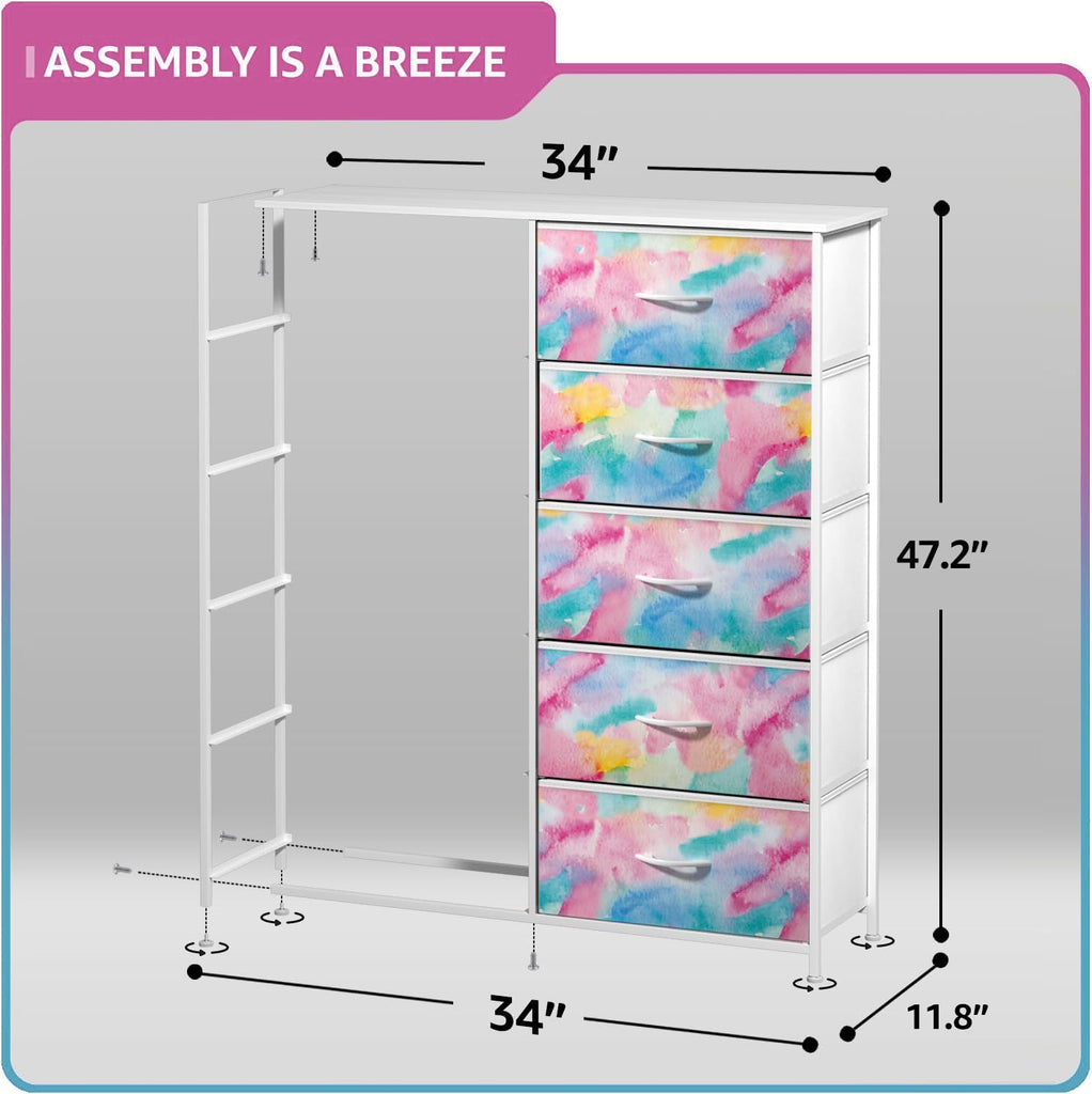 Kids Dresser with 10 Drawers - Storage Chest Organizer Unit Nightstand - Steel Frame, Wood Top, Tie-Dye Fabric Bins