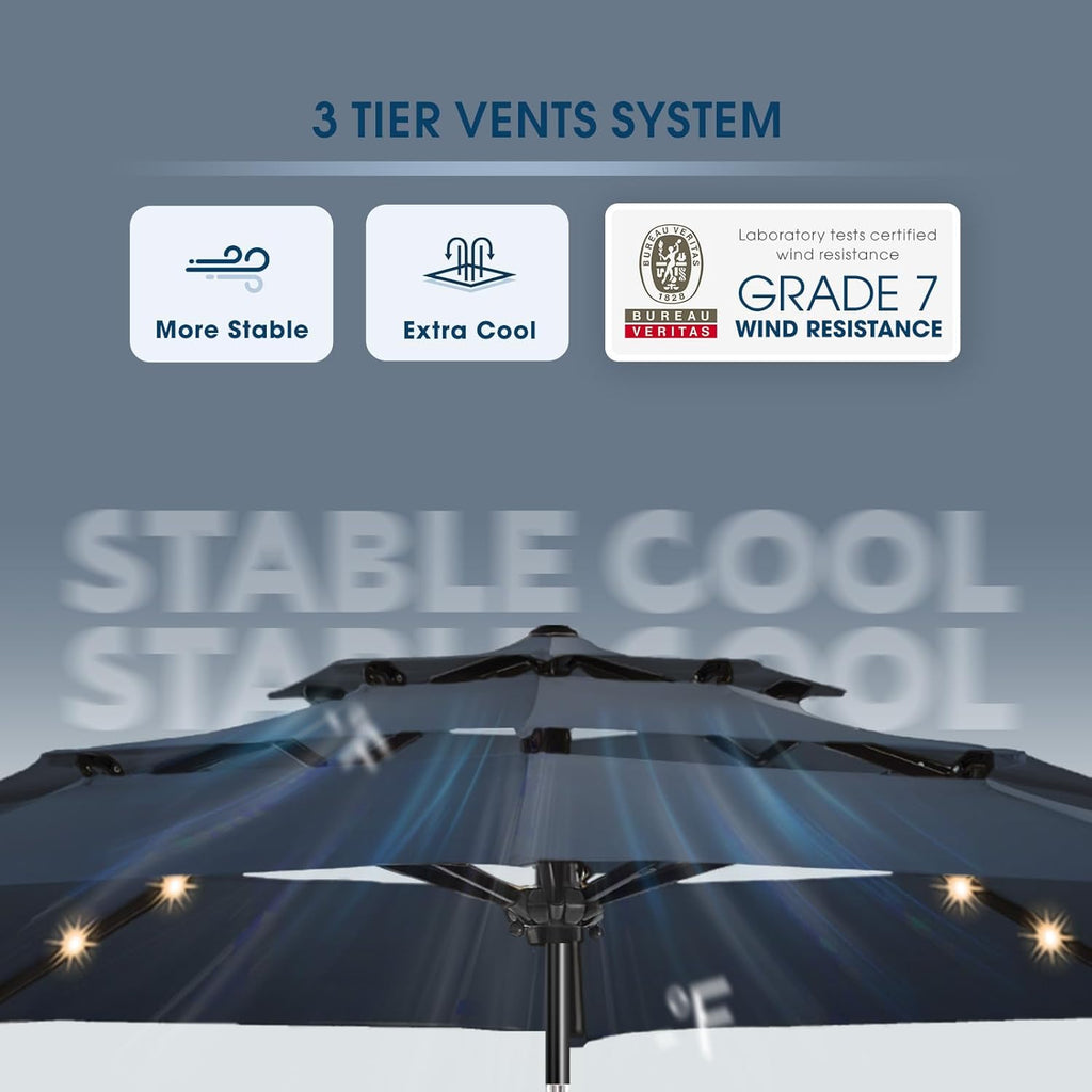 9FT 3Tiers Solar Led Patio Umbrella, Sturdy Outdoor Market Umbrella Pool, Garden w/Tilt, Crank, 32 LED Lights, Navy Blue