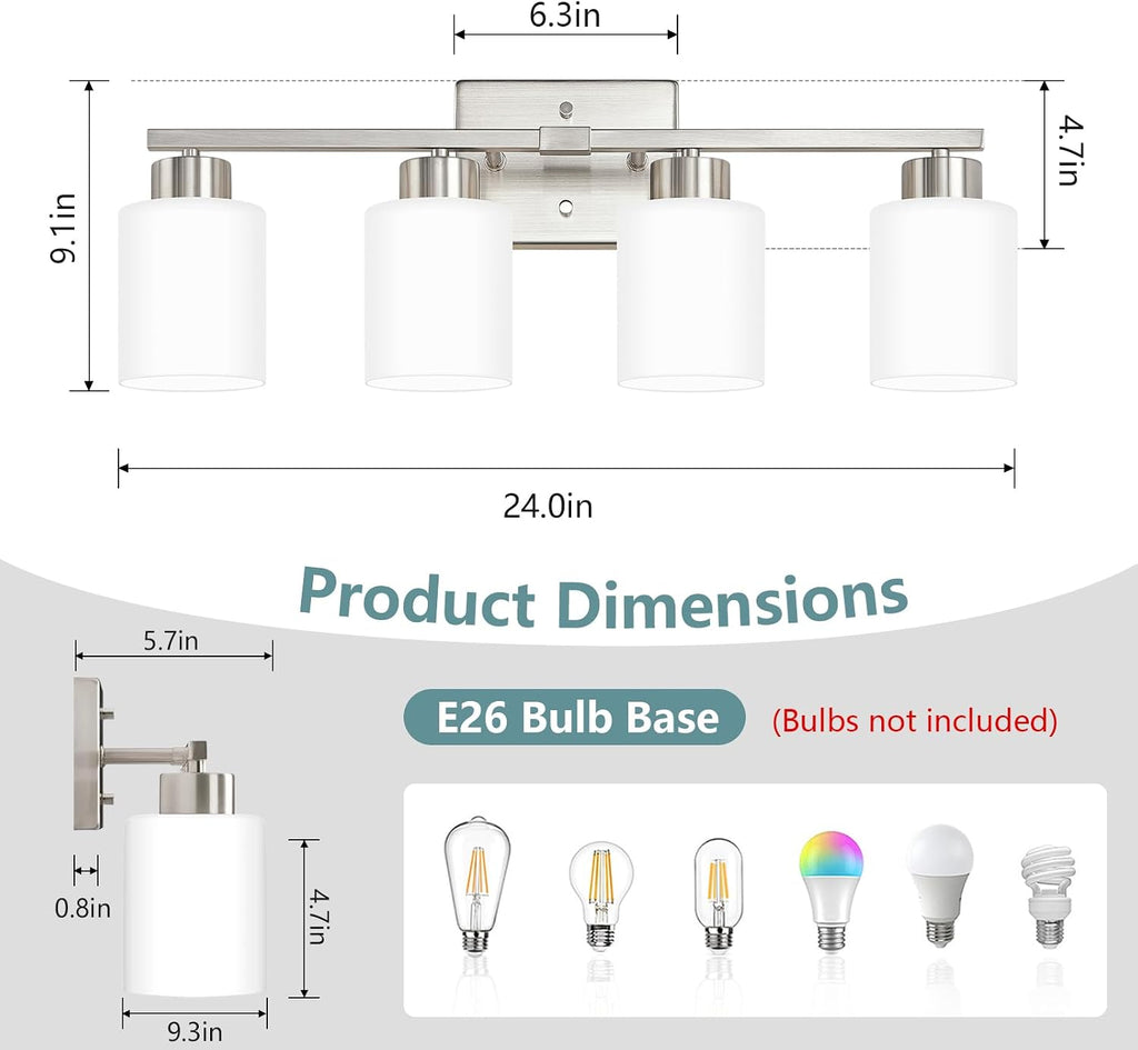Brushed Nickel Bathroom Light Fixtures, 4-Light Modern Vanity Lights with Milky White Frosted Glass Shades, Wall