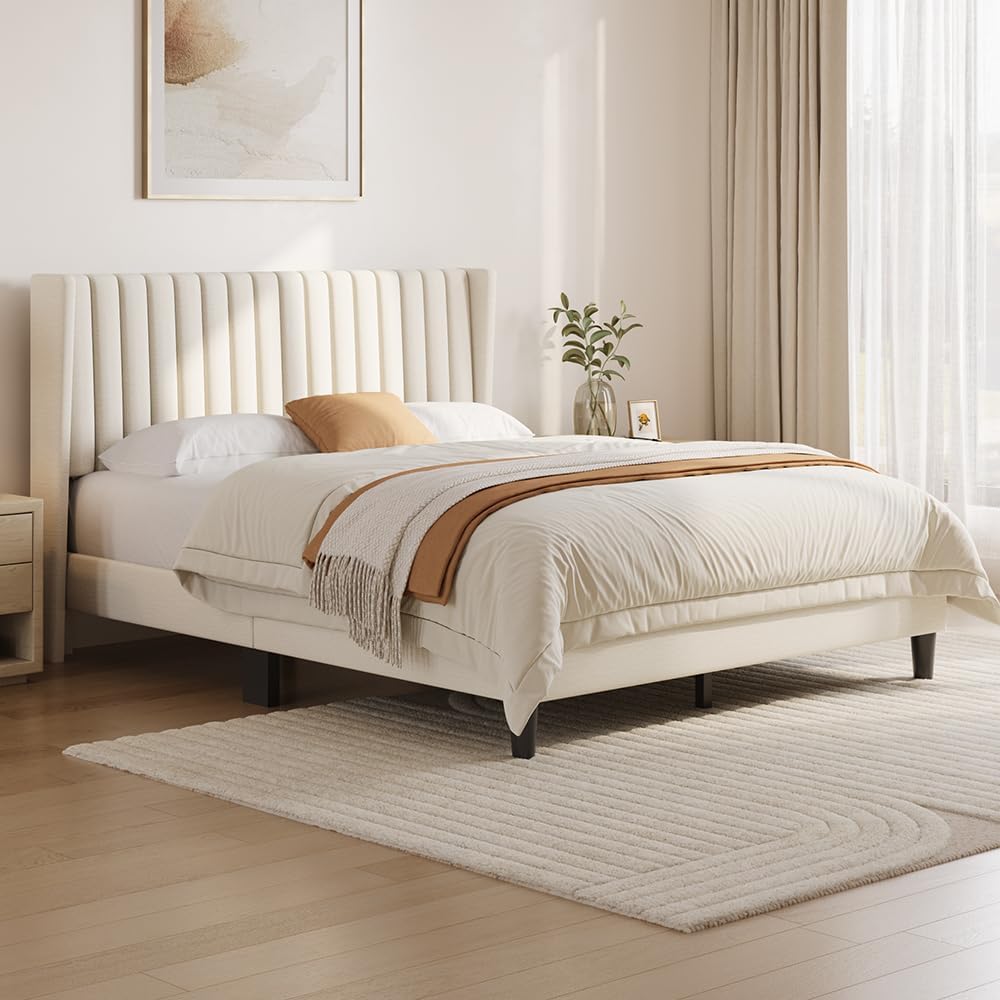 Queen Bed Frame Upholstered Platform Bed with Fabric Headboard