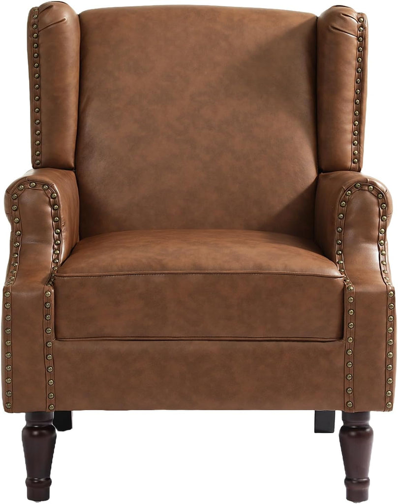 PU Leather Wingback Accent Chair, Upholstered High Back Armchair | Modern Reading Seat with Wooden Legs & Removable