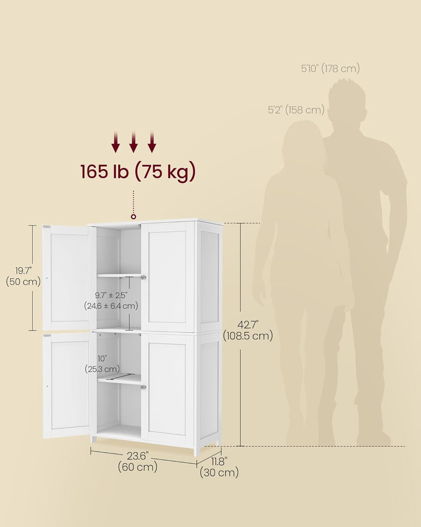 Floor Storage Cabinet, Shaker Cabinet with 2 Adjustable Shelves, 4 Doors, Tall Freestanding Organizer Unit, Bathroom