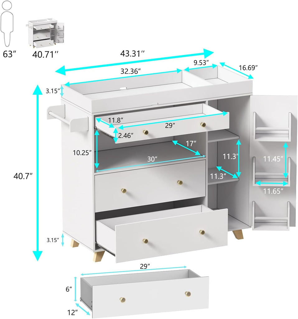 Baby Changing Table, Modern Diaper Changing Station, Changing Table with 2 Drawers & Shelves White