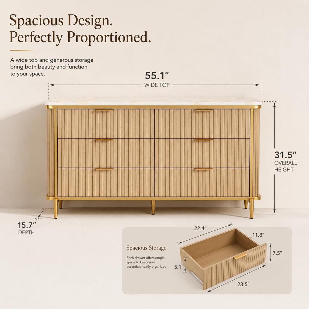 55.1" W 6 Drawer Dresser , Modern Fluted Wood Dresser with Marble-Look Top and Gold Accents, Double Chest of Drawers