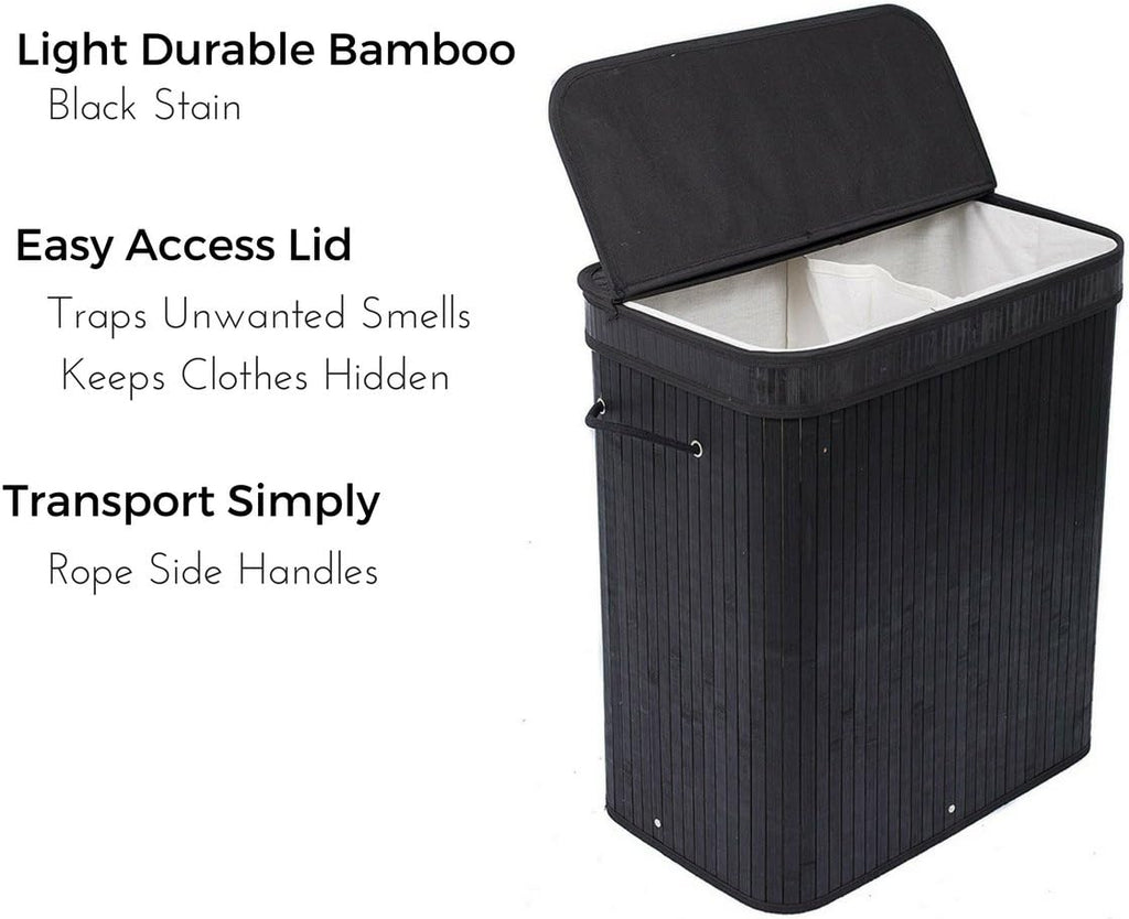 Double Laundry Hamper with Lid and Cloth Liner - Bamboo - Black - Easily Transport Laundry Basket - 2 Section