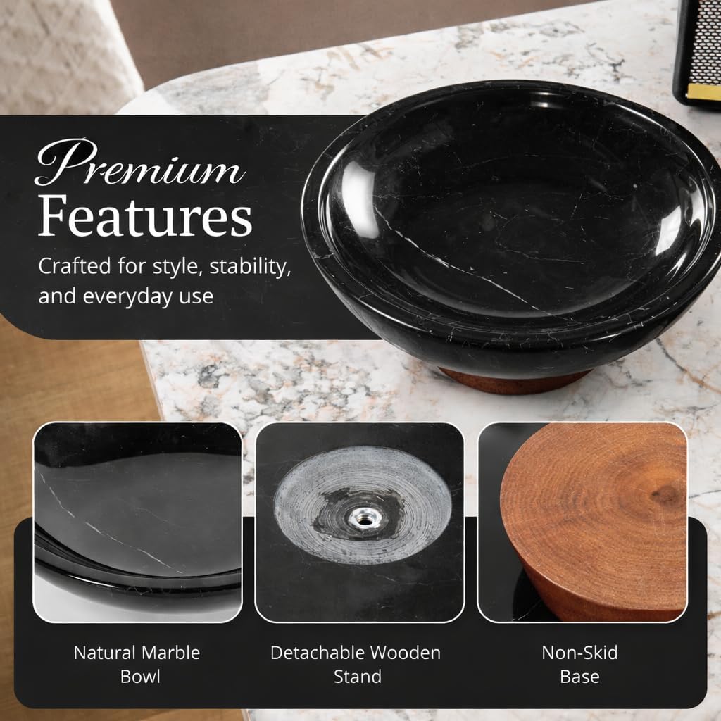 Decorative Marble Bowl Black - Handcrafted Natural Stone on Acacia Wood Pedestal - Versatile 10" Catch‐All