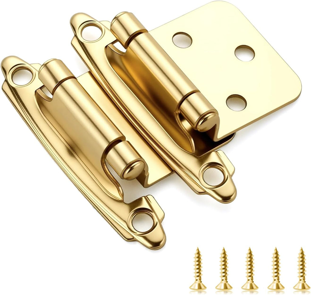 50 Pack (25 Pairs) 1/2" Overlay Cabinet Hinges, Self-Closing Semi-Concealed Face Mount, Satin Brass Decorative Hardware
