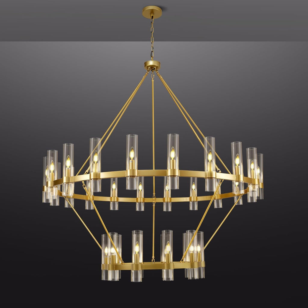 2 Tier Gold Wagon Wheel Chandelier, 60 Inch Farmhouse Chandelier with Glass Tube, 30-Light Large Round Chandeliers for Dining Room, Living Room, Bedroom and Entryway A115-B0F29HZQY8