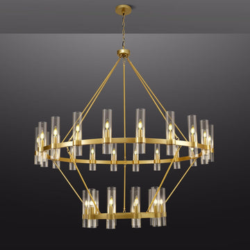 Inspired Ravelle Style 2 Tier Gold Wagon Wheel Chandelier, 60 Inch Farmhouse Chandelier with Glass Tube, 30-Light Large Round Chandeliers for Dining Room, Living Room, Bedroom and Entryway