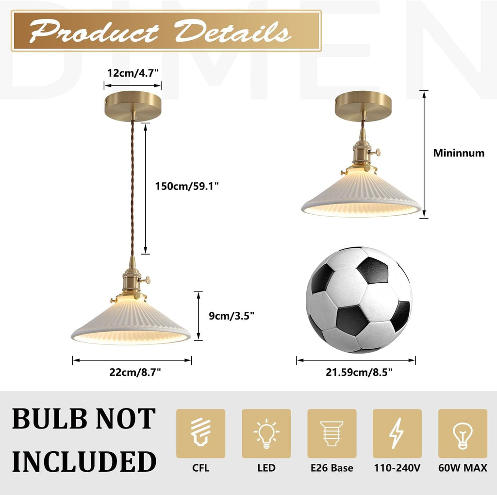 Pendant Light 2-Pack, Gold & Ceramic Shade for Kitchen Island, 8.7" | White ceramic shade, kitchen island dining
