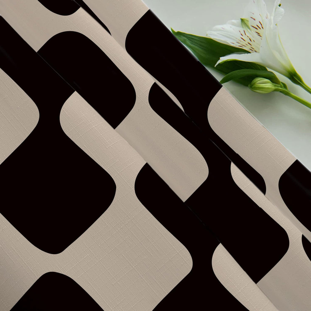 Retro Checkerboard Grid Pattern 140gsm Faux Linen Fabric, Black Brown Classical Groovy Wavy Checkered Sets