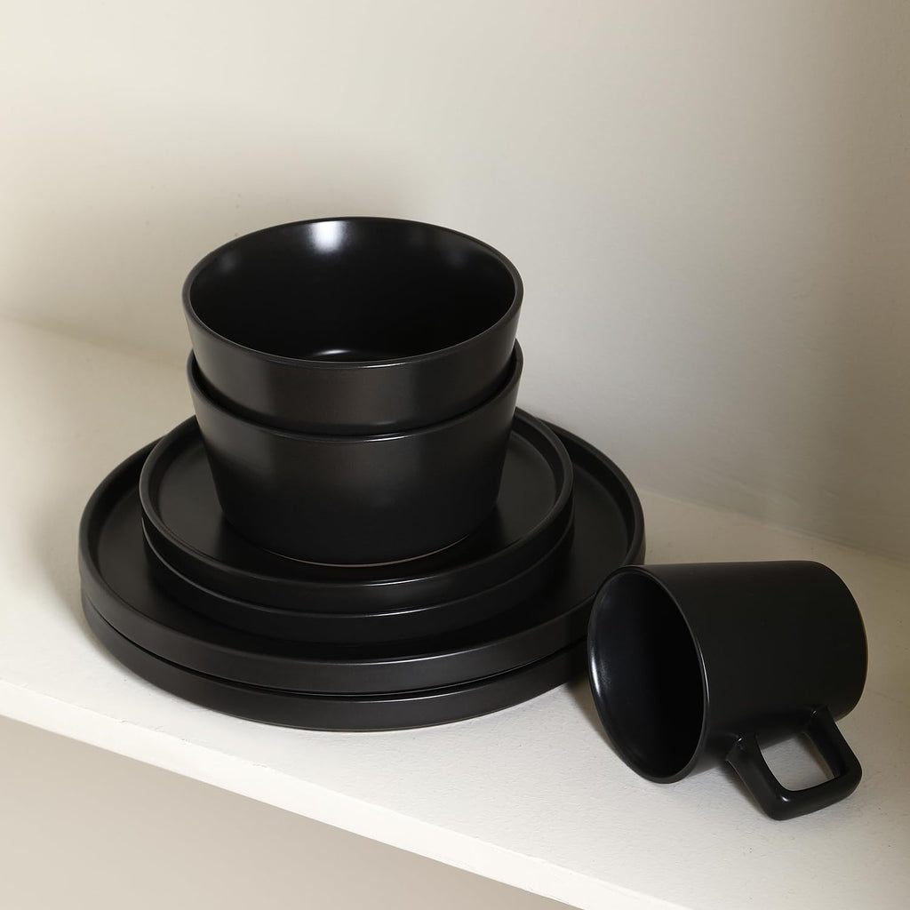 Celina Stoneware 16 Piece Modern Dinnerware Set, Plates and Bowls, Black Matte, Service for 4