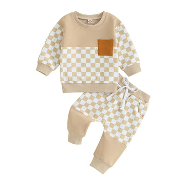 Toddler Baby Boy Fall Outfit Checkerboard Patchwork Long Sleeve Sweatshirts Elastic Waist Pants Cute Newborn Clothes