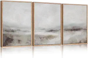 Large Abstract Neutral 3 Piece Wall Art Framed, Gray Lake Landscape Canvas Decor(16x24), Watercolor Smoky Mountain - Set of 16
