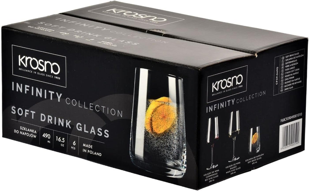 Infinity Drinking Glasses Set of 6 - 16.6 oz Water Juice Glasses, Modern Tapered Tumblers, Lead-Free Glassware, Clear