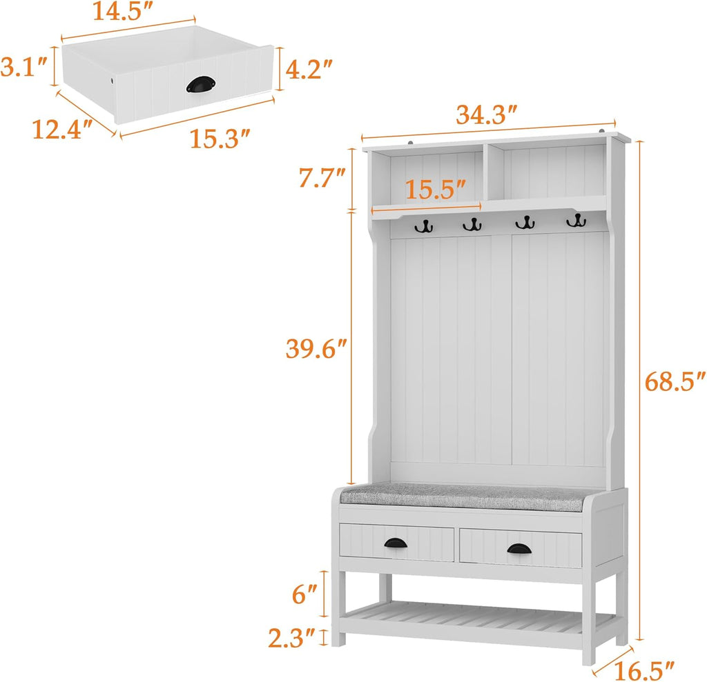Hall Tree with Bench and Shoe Storage, Multi-Purpose Entryway Bench with Coat Rack, Padded Seat Cushion, 4 Double
