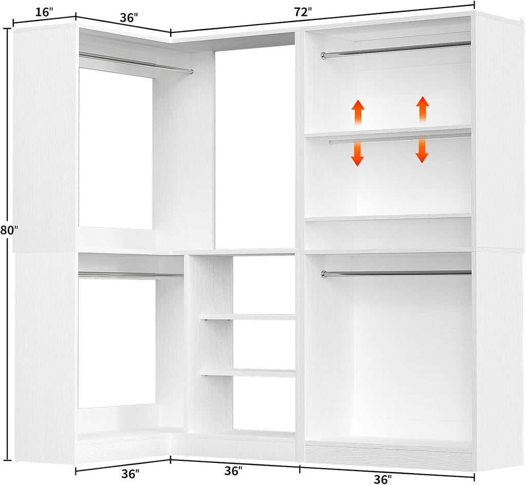 Corner Closet System, 72" L-Shaped Closet Organizer with 4 Hanging Rods, Heavy Duty Wood Garment Rack with Shelves