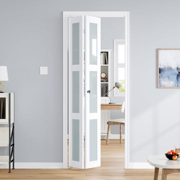 Bifold Doors for 32"×80-3/4" Opening, Preassembled White Frosted Glass Folding Barn Door, Sliding Interior Wood Panel