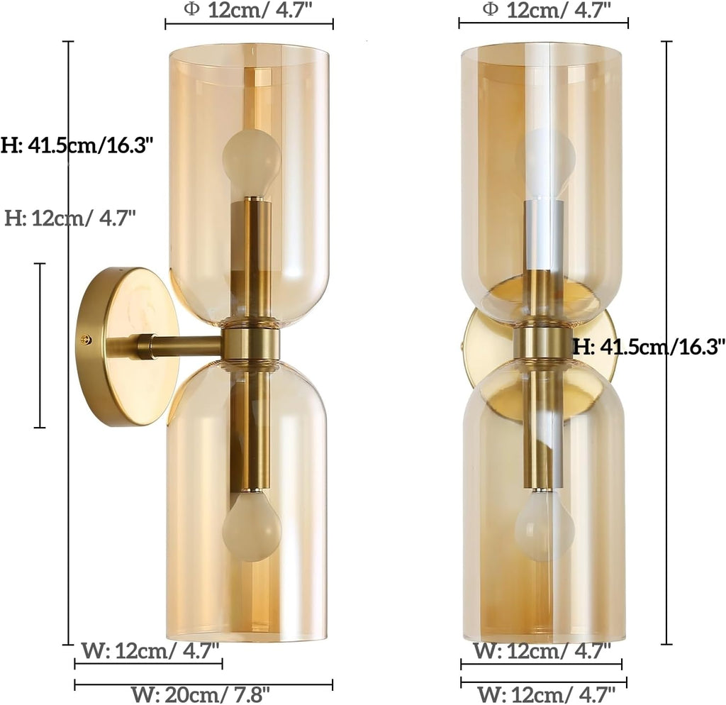 Minimalist 2-Light Gold Wall Sconces with Cylinder Glass Shades- Mid Century Vanity Wall Double Lights Hardwired
