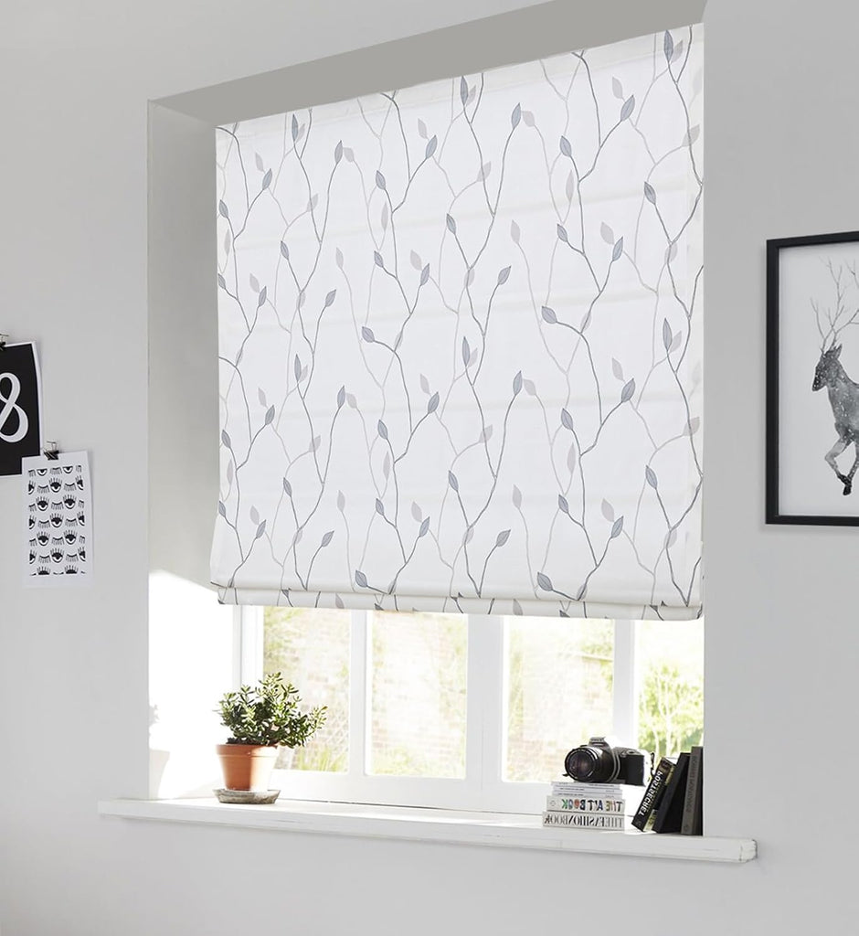 Cordless Roman Shades Window Shades, Grey Brance Leaf Blackout Light Filtering Custom Window Roman Blinds, 10% Linen